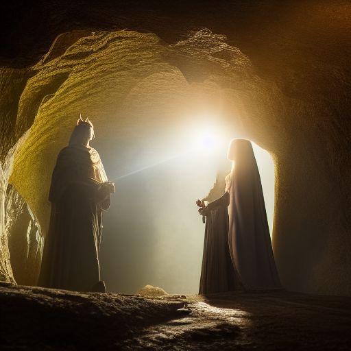 Bathed in ethereal light, Lancelot and Guinevere stand at the entrance of the mystical cave, their eyes wide with awe and anticipation, ready to uncover the secrets that lie within.